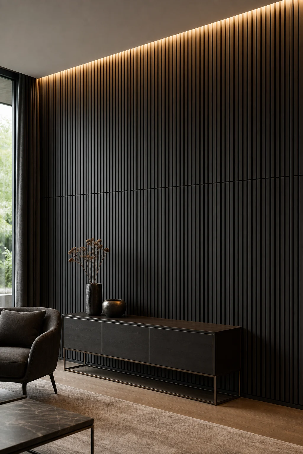 Dark charcoal louver panels installed as ribbed composite wall cladding