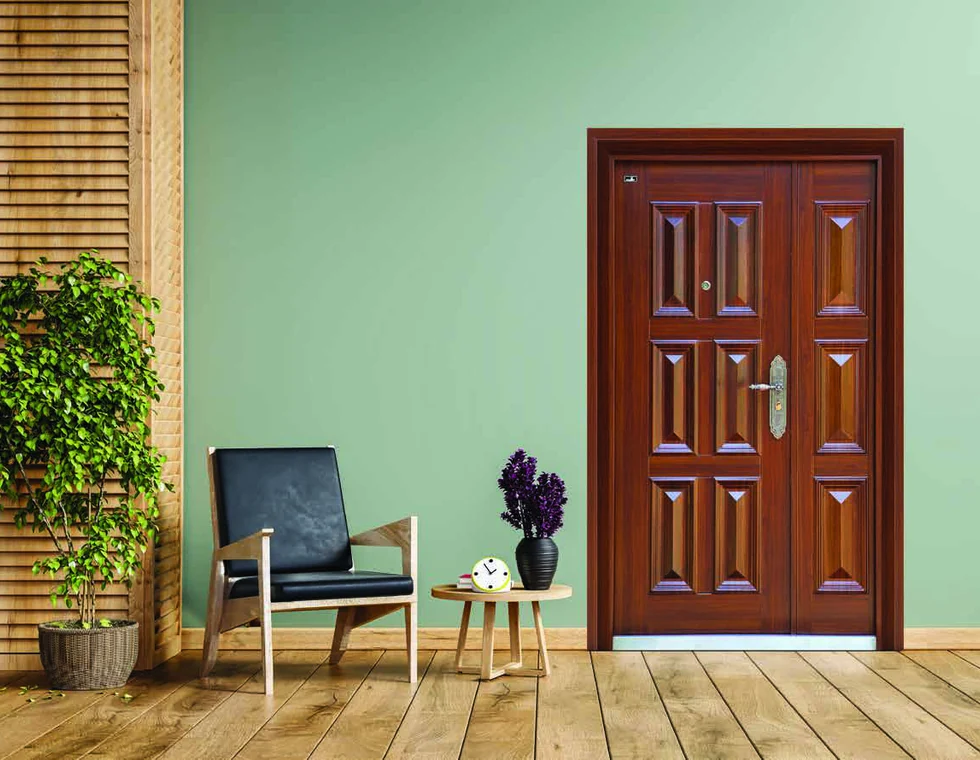 Classic timber panel door styled in a refined residential setting