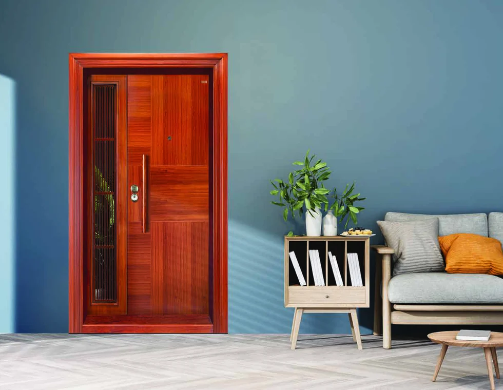 Contemporary polished timber door in a modern blue interior
