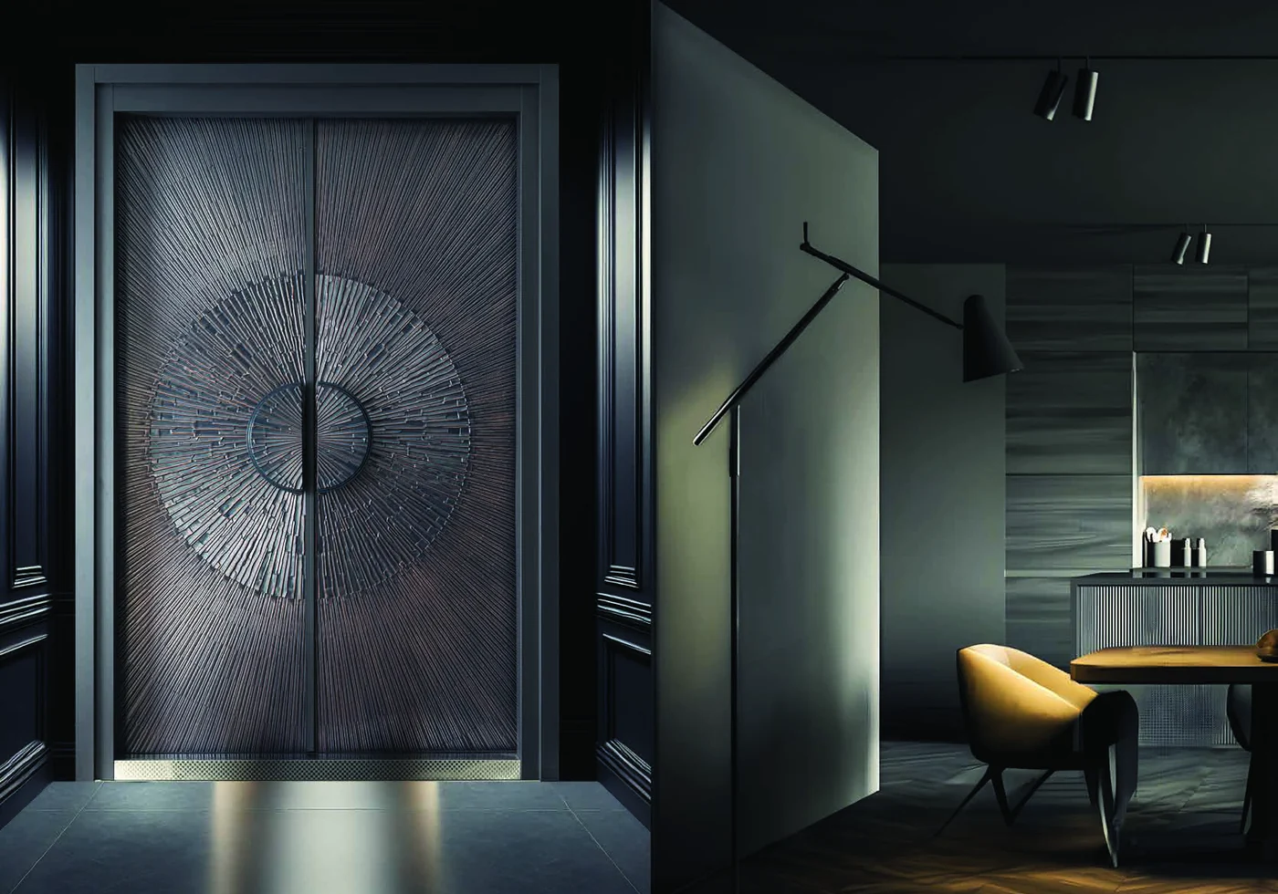 Sculptural statement door in a refined contemporary interior