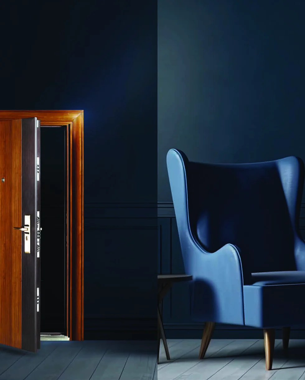 Warm timber entrance displayed in a dramatic evening setting