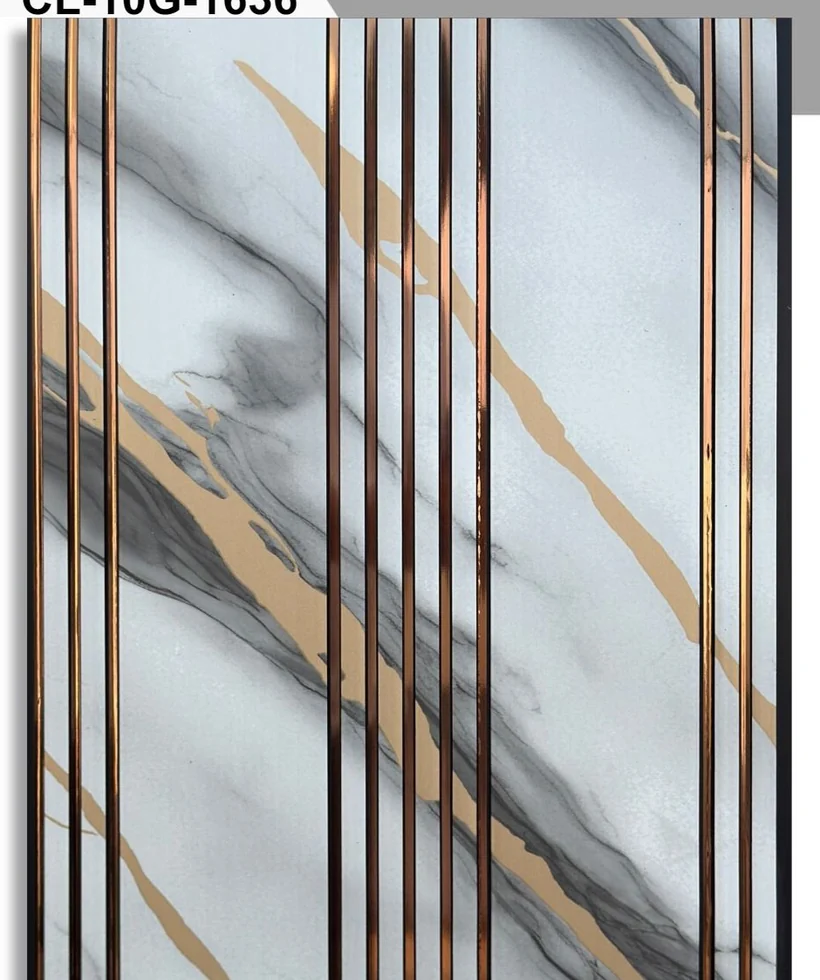 White marble-look fluted panel with slim dark grooves