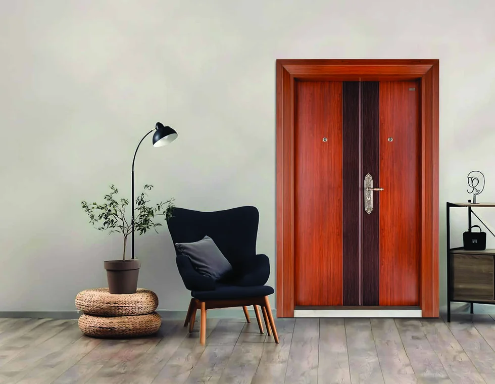 Modern walnut door styled in a calm residential room