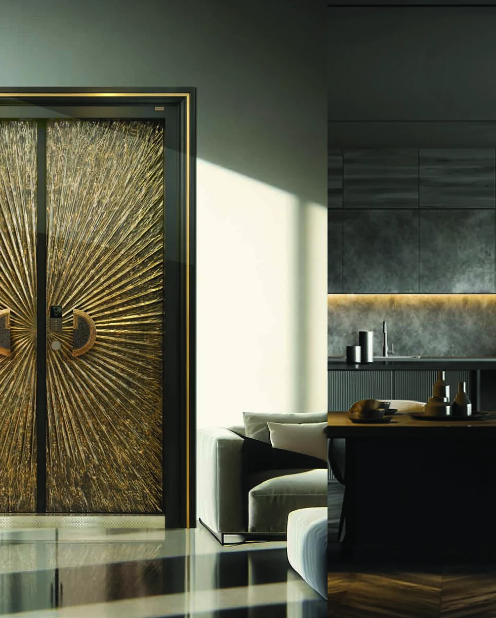 Ornate sunburst entrance door in a contemporary dining interior