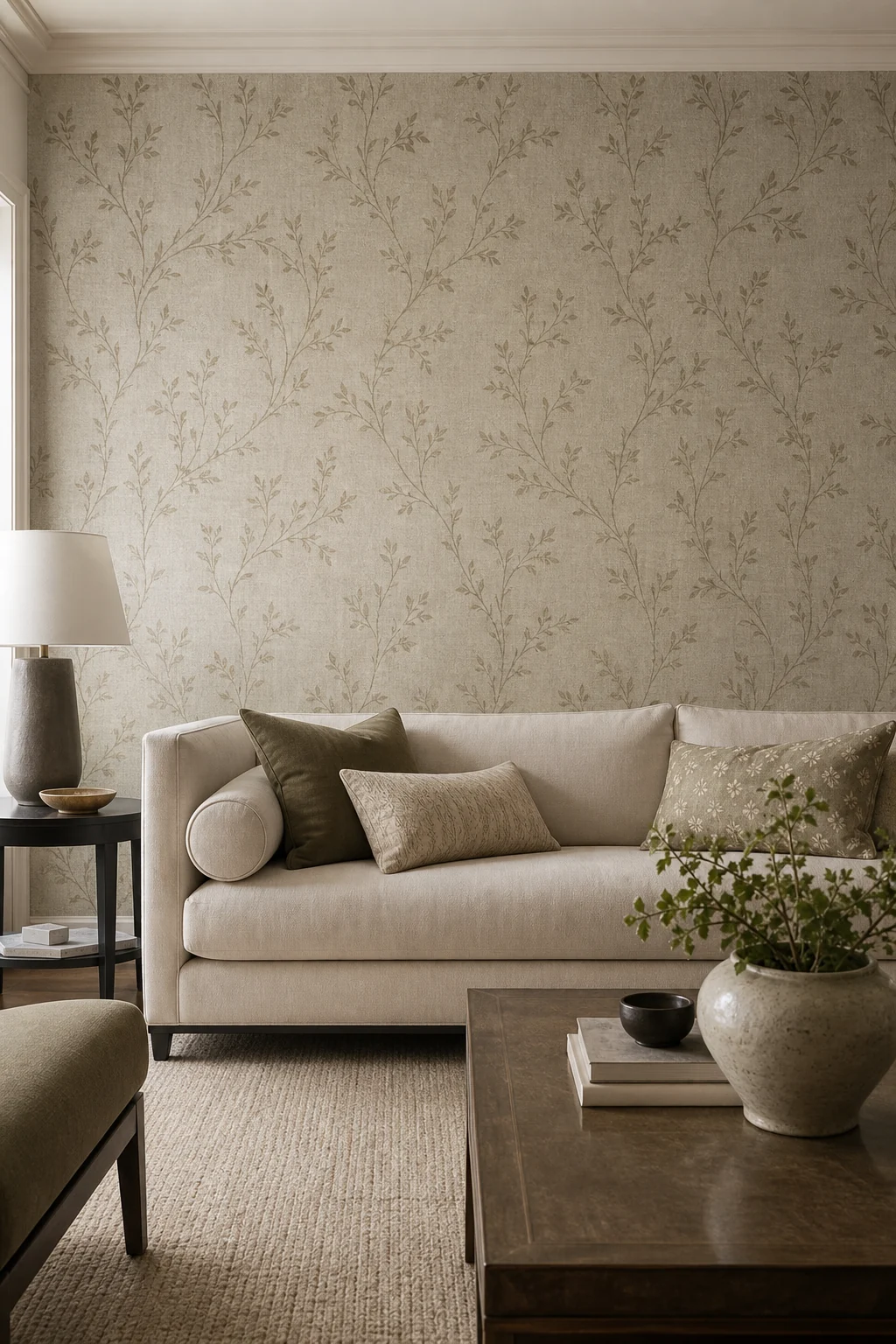 Premium botanical wallpaper installed across a finished living-room feature wall