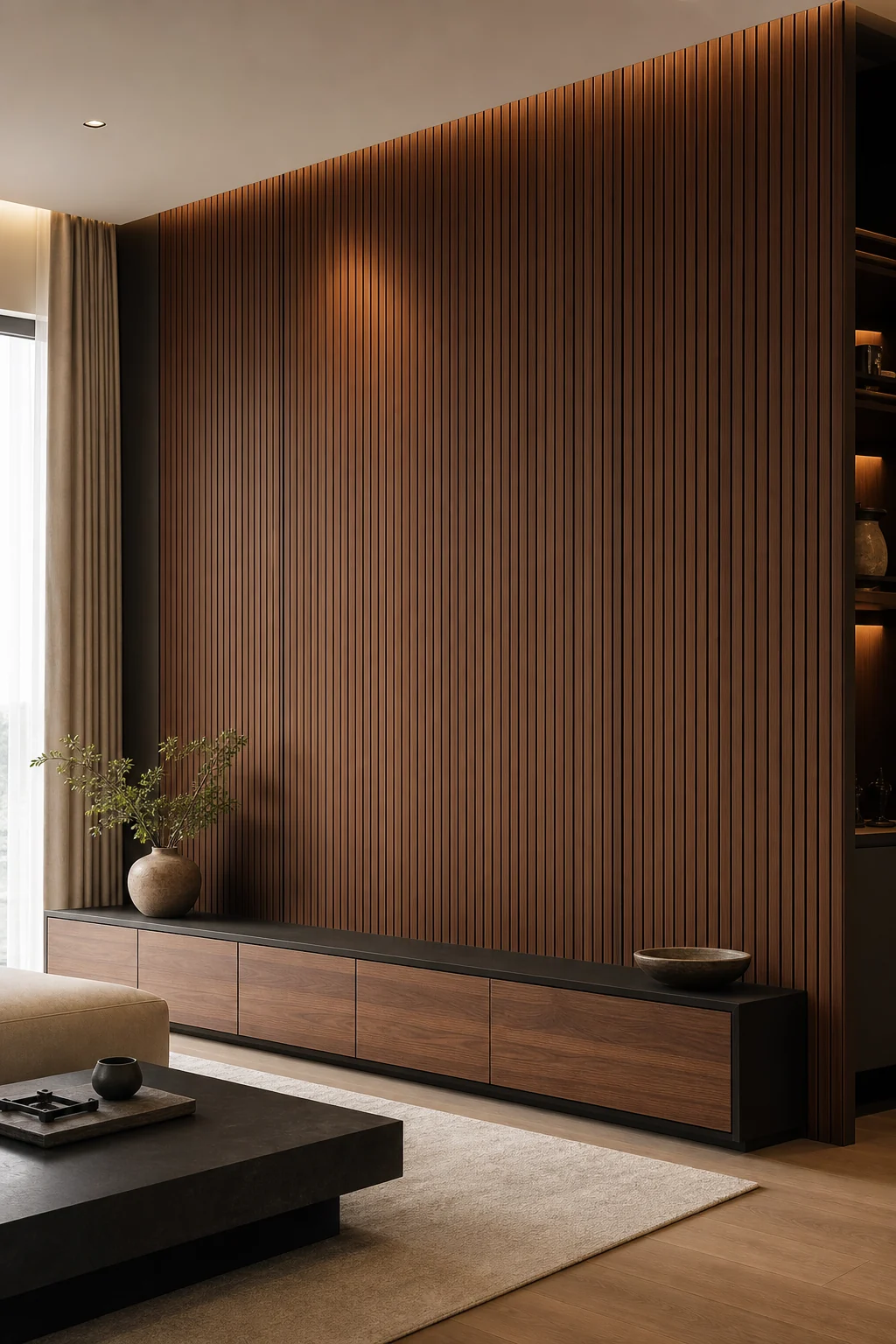 Warm walnut WPC fluted panels installed as architectural living-room wall cladding